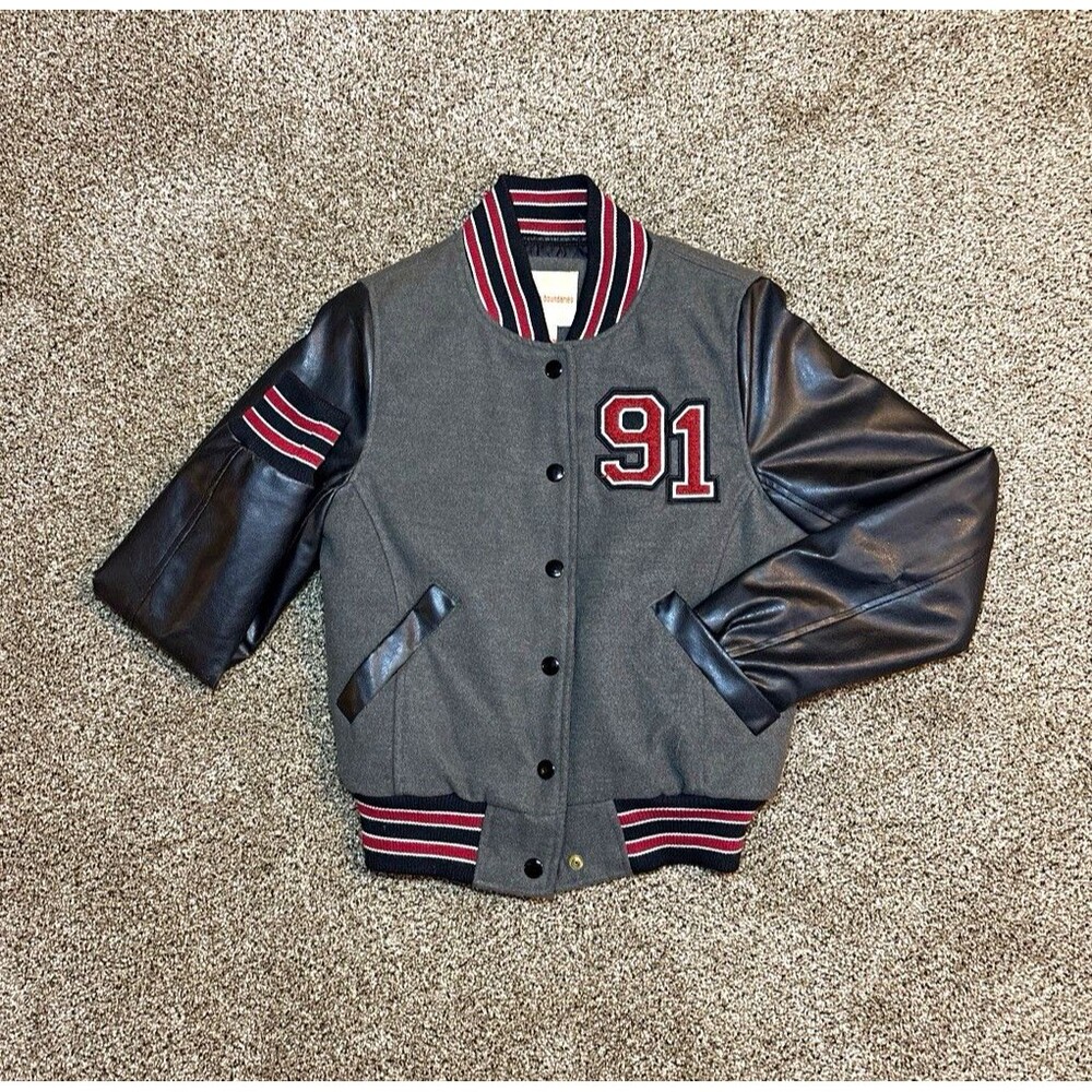 No Boundaries Boys Varsity Jacket Gray/Black/Red Snap Lined Fleece S